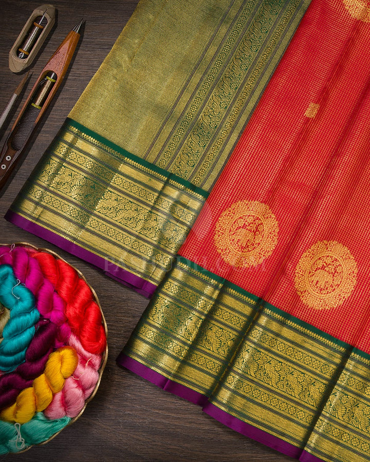 Red With Bottle Green Kanjivaram Silk Saree-S1583(B)