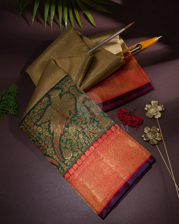 Subtle Gold,Dark Green And Red Kanjivaram Silk Saree-S1580(C)