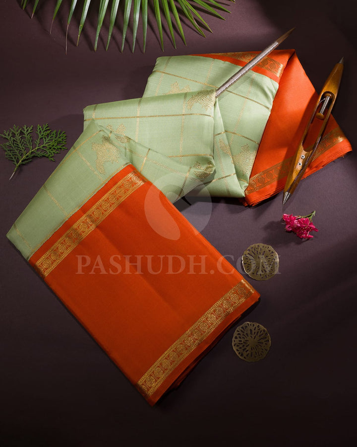 Pista Green With Orange Kanjivaram Silk Saree-SP400