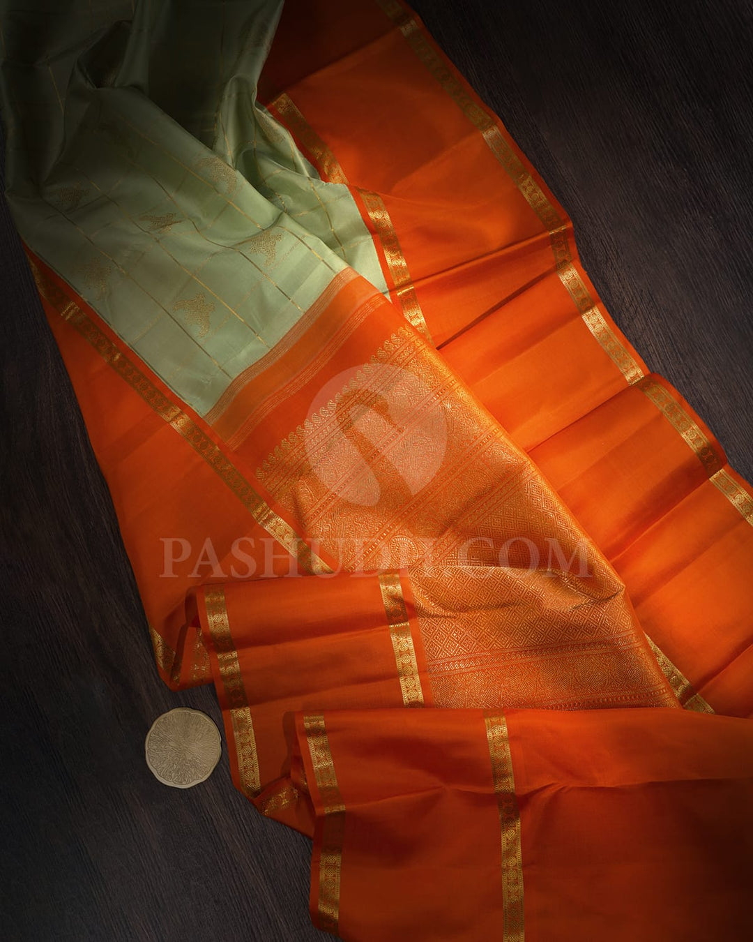 Pista Green With Orange Kanjivaram Silk Saree-SP400