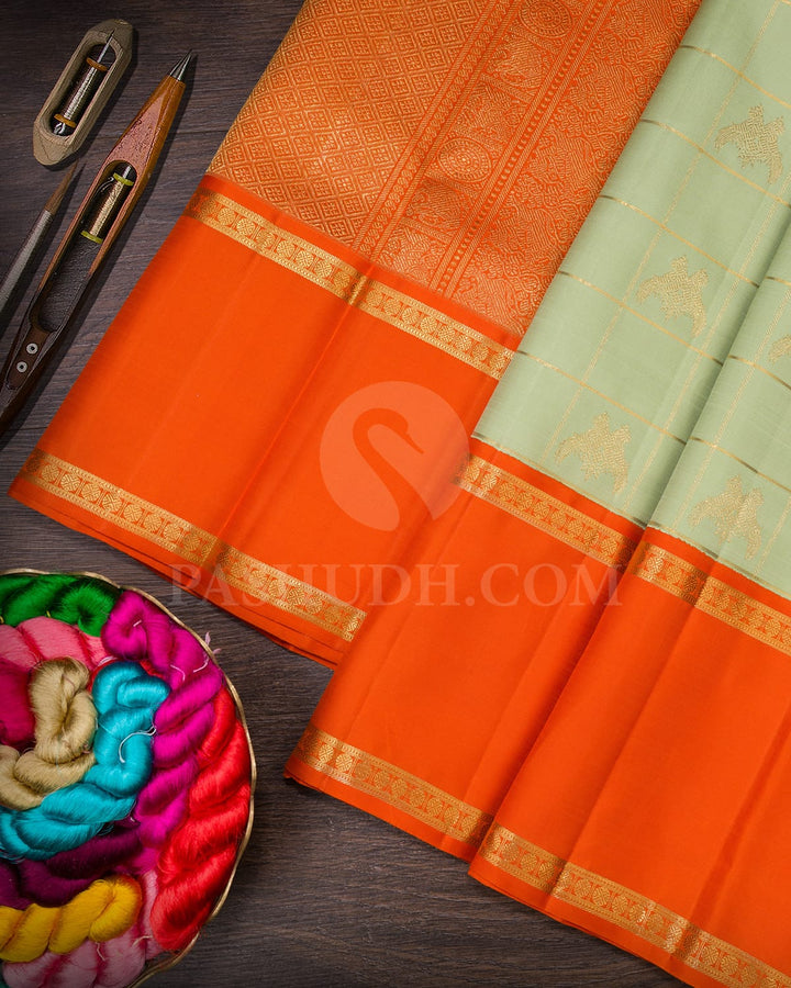 Pista Green With Orange Kanjivaram Silk Saree-SP400