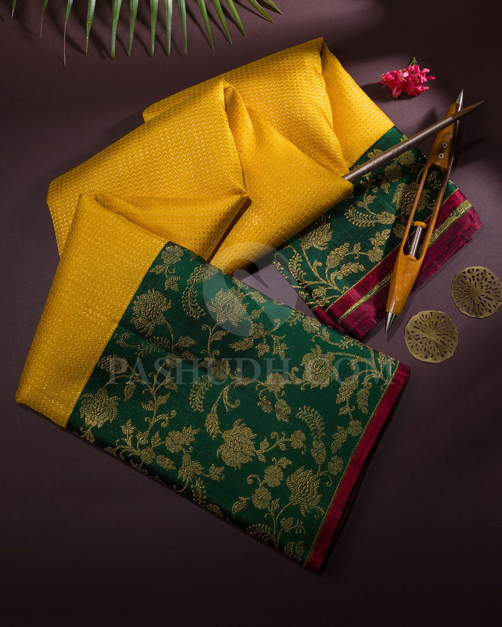 Turmeric Yellow With Bottle Green Kanjivaram Silk Saree-S1070(N)
