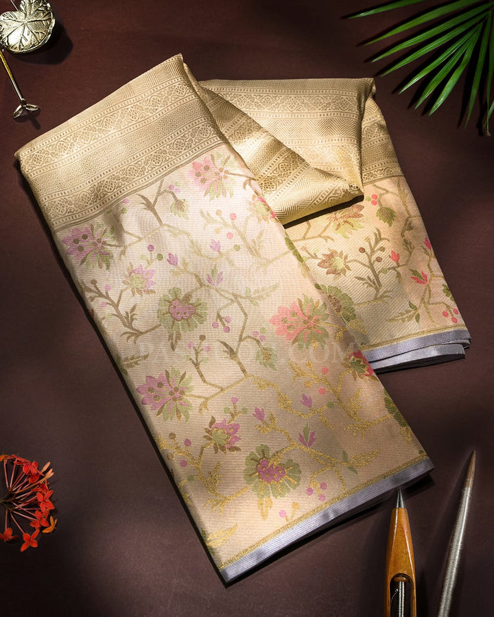 Cream Pure Zari Paithani Kanjivaram Silk Saree-P197(B)