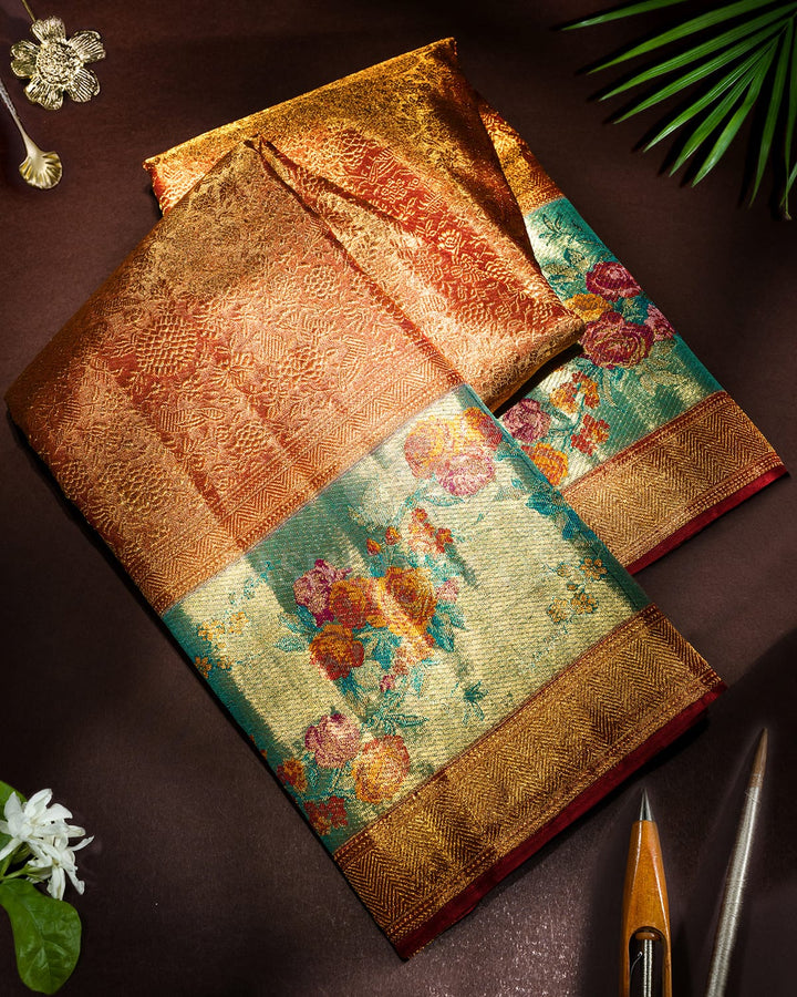 Gold And Red With Sky Blue Pure Zari Kanjivaram Silk Saree-P213(A)