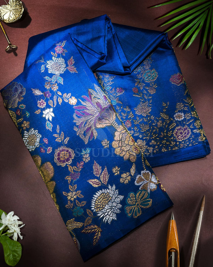 Dual Shaded Peacock Blue Pure Zari Meenakari Kanjivaram Silk Saree-P222(A)