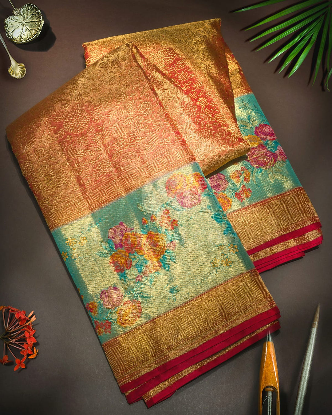 Gold And Red With Sky Blue Pure Zari Kanjivaram Silk Saree-P213(A)