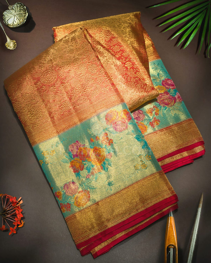 Gold And Red With Sky Blue Pure Zari Kanjivaram Silk Saree-P213(A)