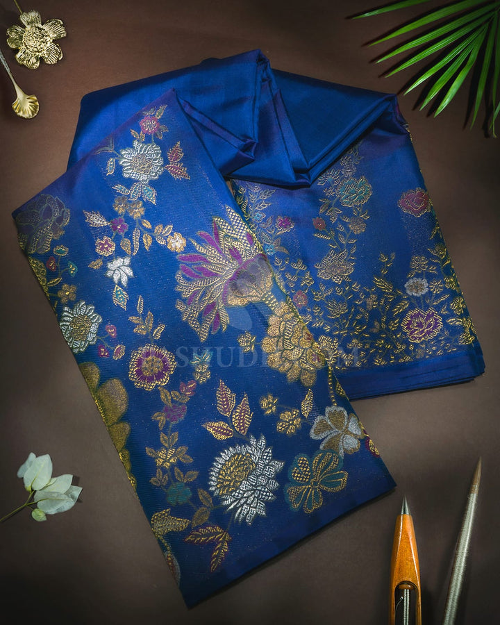 Dual Shaded Peacock Blue Pure Zari Meenakari Kanjivaram Silk Saree-P222(A)