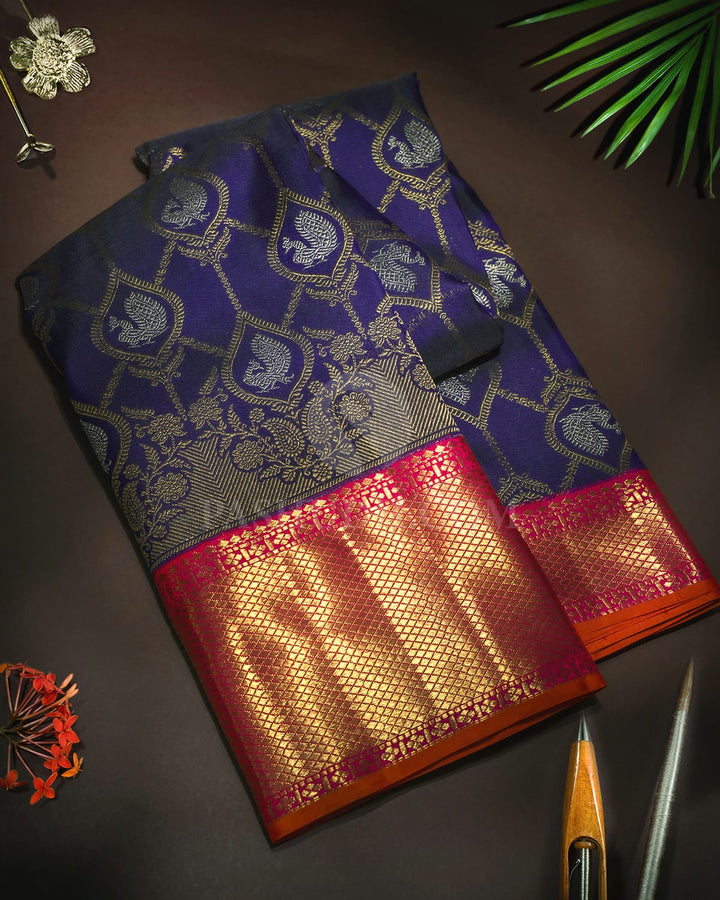 Navy Blue Pure Zari Kanjivaram Silk Saree-P221(A)