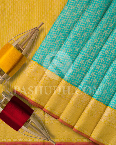 Turquoise - Yellow Kanjivaram Silk Saree  - S312 - View 2
