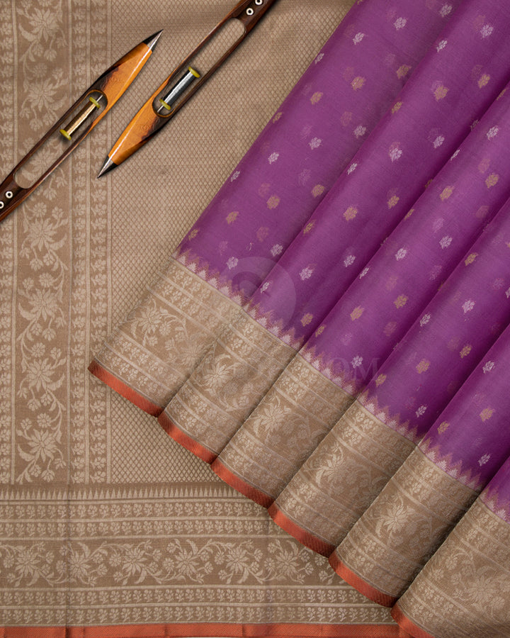 Lavender and Beige Soft Organza Kanjivaram Silk Saree - DJ144 1