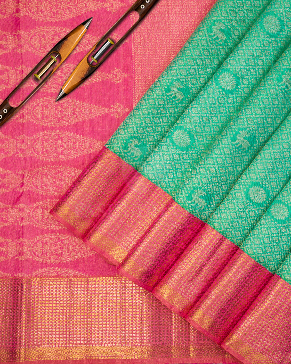 Mint Green and Flamingo Pink Kanjivaram Silk Saree - S608 -View 3
