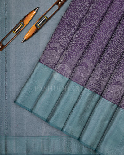 Lavender and Teal Kanjivaram Silk Saree - D417 - View 2