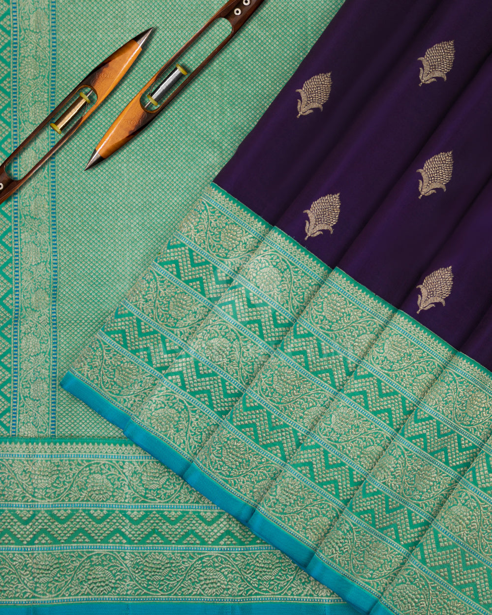 Purple and Sky Blue Pure Zari Kanjivaram Silk Saree - S727- View 2
