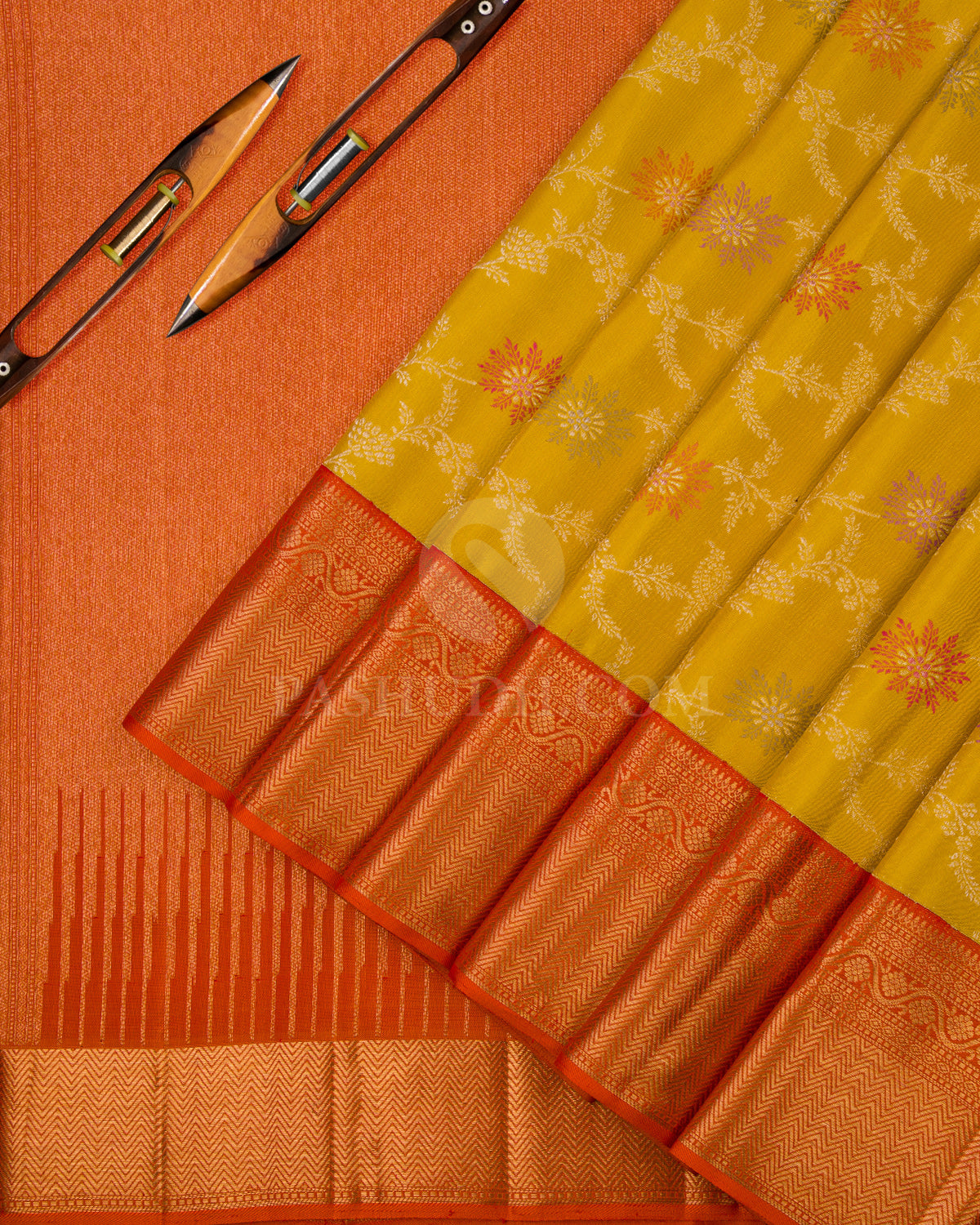 Yellow and Sunset Red Pure Zari Kanjivaram Silk Saree - S663 -V iew 2