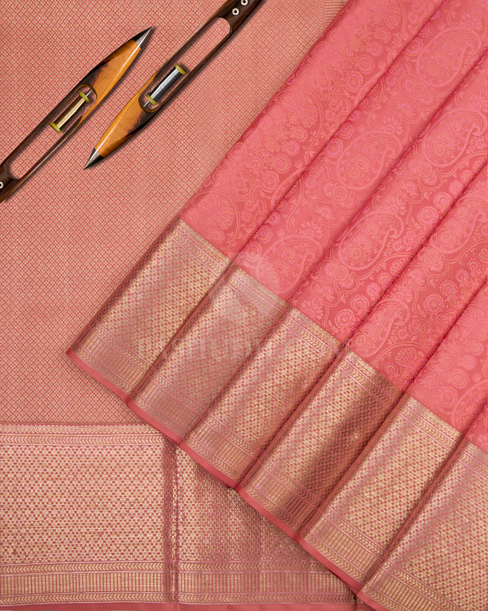 Peachy Pink Kanjivaram Silk Saree - D409 - View 2