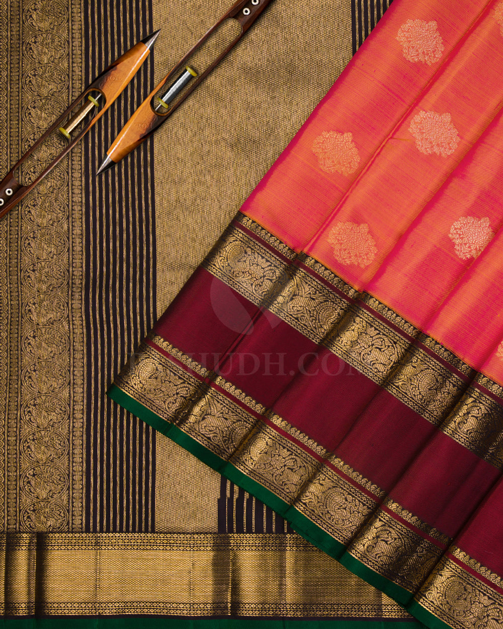 Pink Shot Orange Pure Zari Kanjivaram Silk Saree with Sku Code S590 , view 2