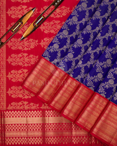 Royal Blue and Red Pure Zari Kanjivaram Silk Saree - S636 - View 2