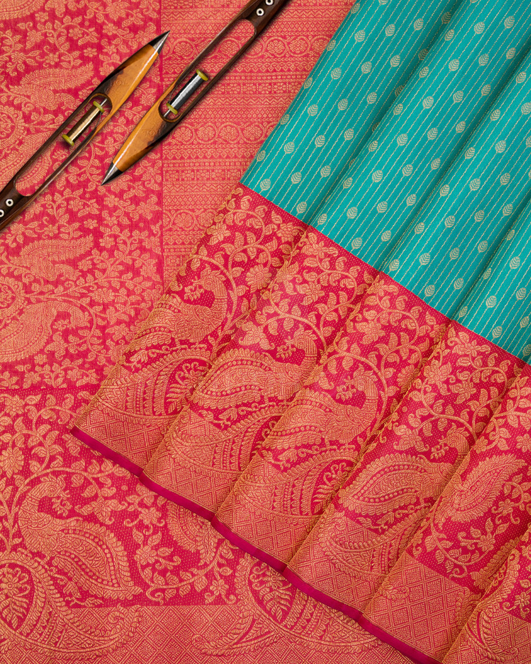 Sky Blue and Watermelon Pink Kanjivaram Silk Saree - S611, view 5