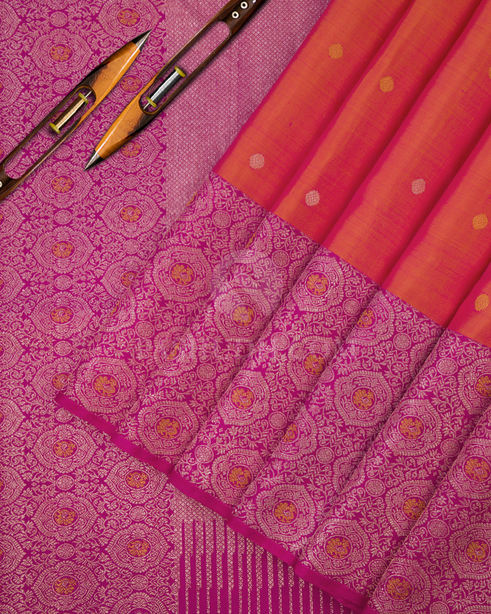 Orange shot Pink and Magenta Pure Zari Kanjivaram Silk Saree - S650 - View 2
