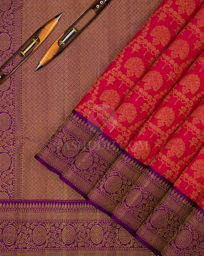 Bright Red and Violet Kanjivaram Silk Saree - S633- View 2