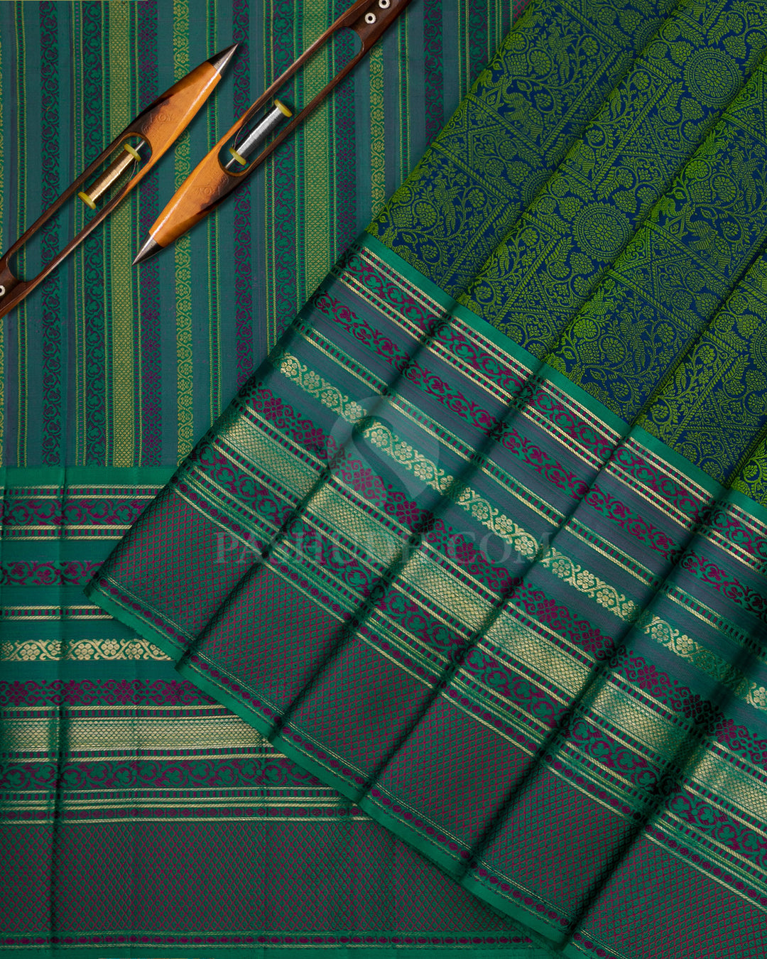 Royal Blue and Peacock Green Kanjivaram Silk Saree - DJ180 - View 2