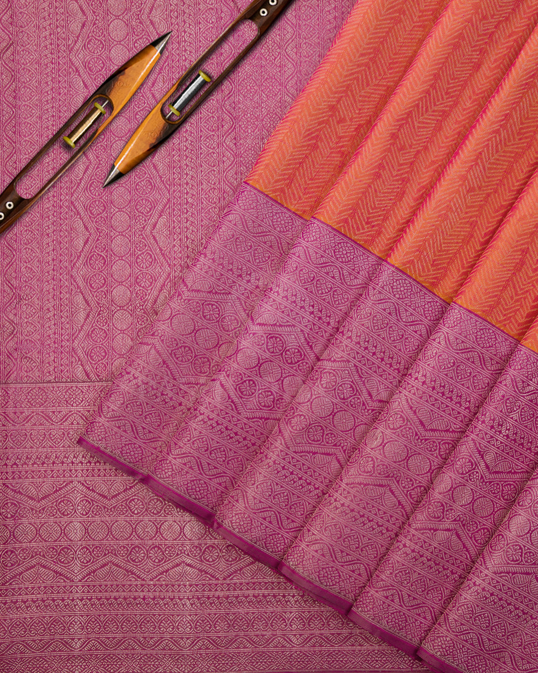 Pink Shot Orange and Deep Mauve Kanjivaram Silk Saree - S587 , View 2