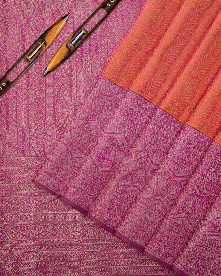 Pink Shot Orange and Deep Mauve Kanjivaram Silk Saree - S587 , View 2