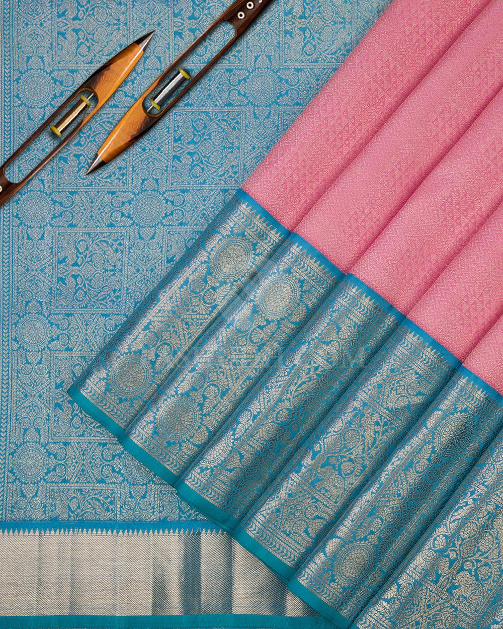 Baby Pink and Turquoise Pure Zari Kanjivaram Silk Saree - S664 - View 1