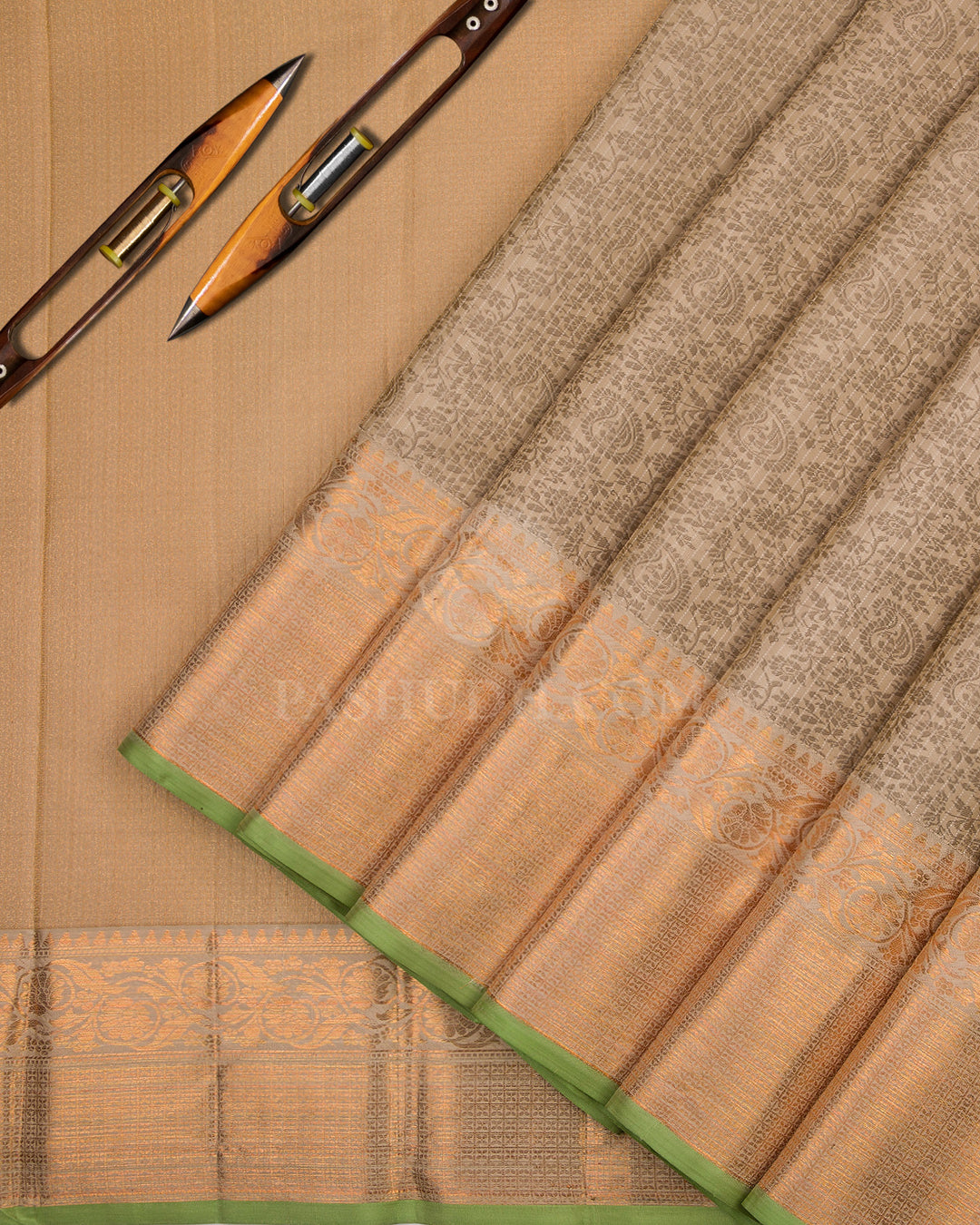 Ivory and Light Green Kanjivaram Silk Saree - DJ171 - View 2