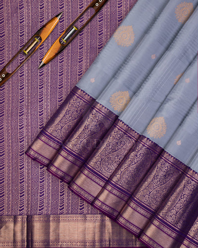 Bluish Grey and Violet Pure Zari Kanjivaram Silk Saree - S613, View 2