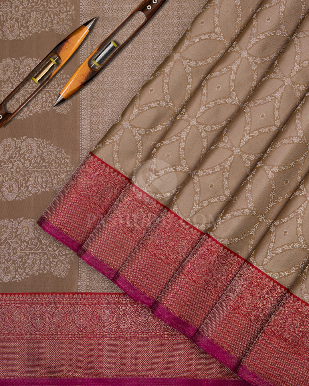 Khaki and Ruby Red Kanjivaram Silk Saree - D414 - View 2