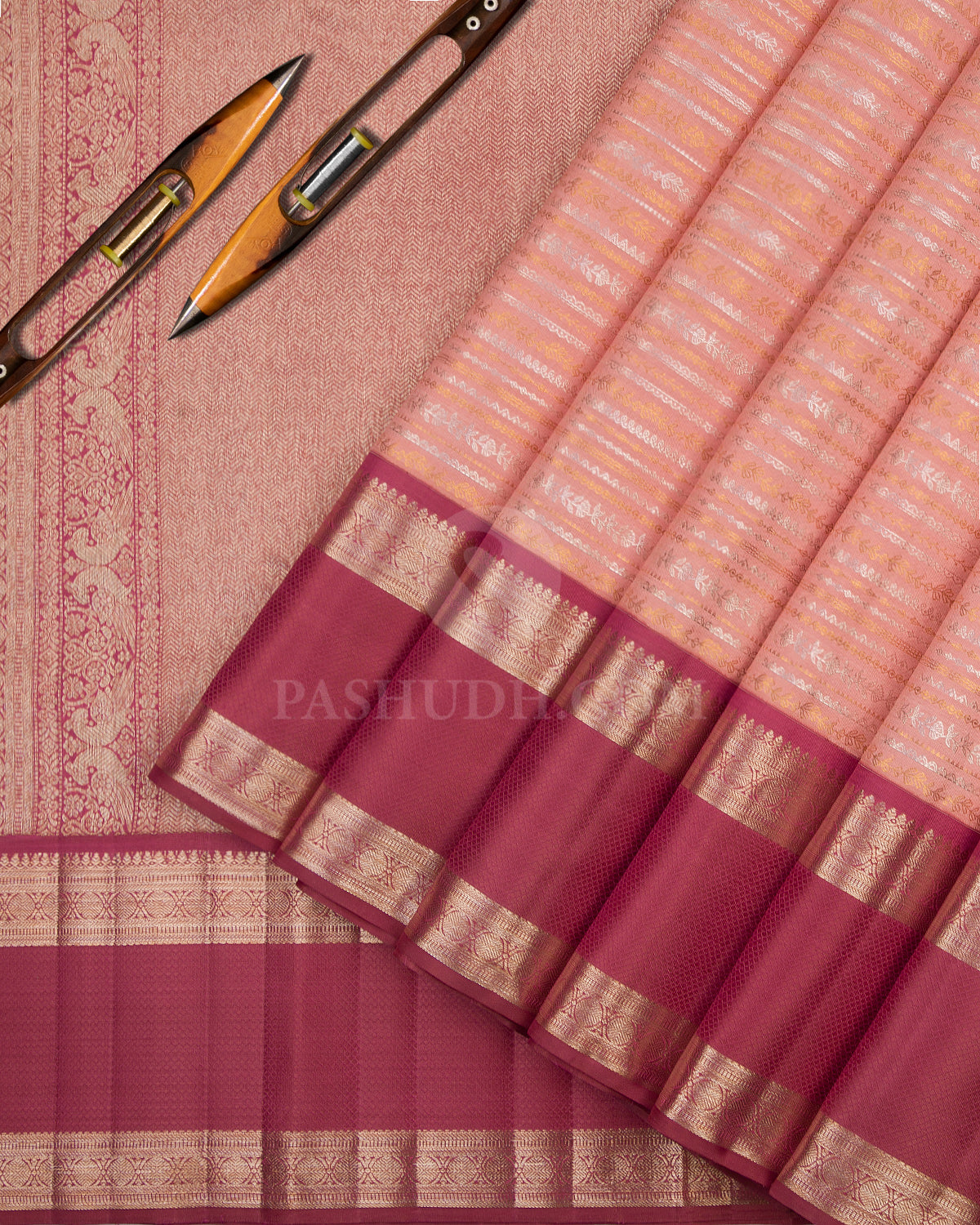 Pastel Peach and Rosewood Pink Kanjivaram Silk Saree - S695- View 2