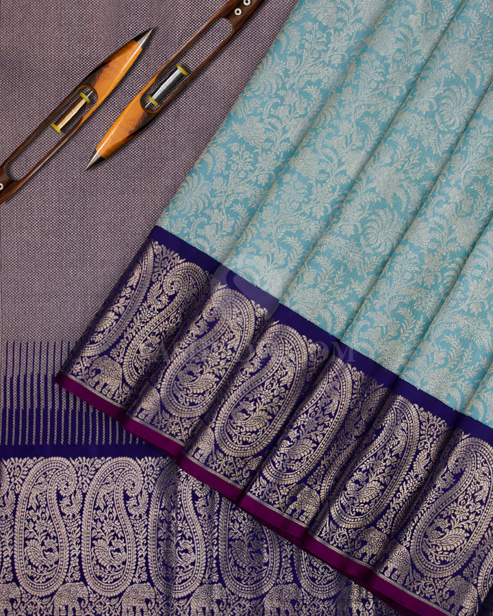 Sky Blue and Navy Blue Pure Zari Kanjivaram Silk Saree - S669 - View 2