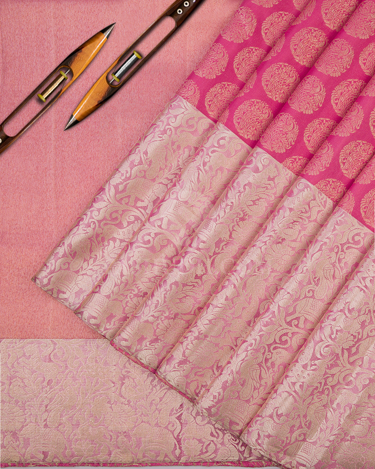 Bright Pink Pure Zari Vanasingaram Kanjivaram Silk Saree - S649 - View 2