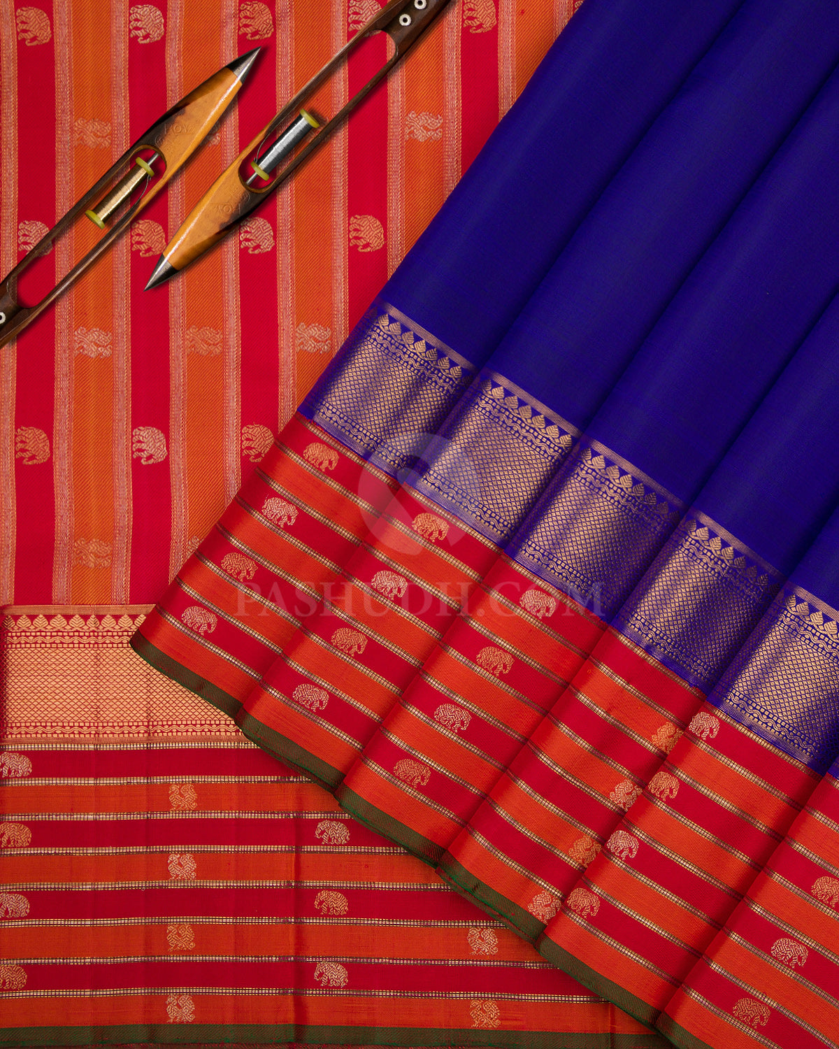 Royal Blue and Red Pure Zari Kanjivaram Silk Saree - S675 - View 2