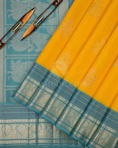 Yellow and Sky Blue Pure Zari Kanjivaram Silk Saree - S639 - View 2