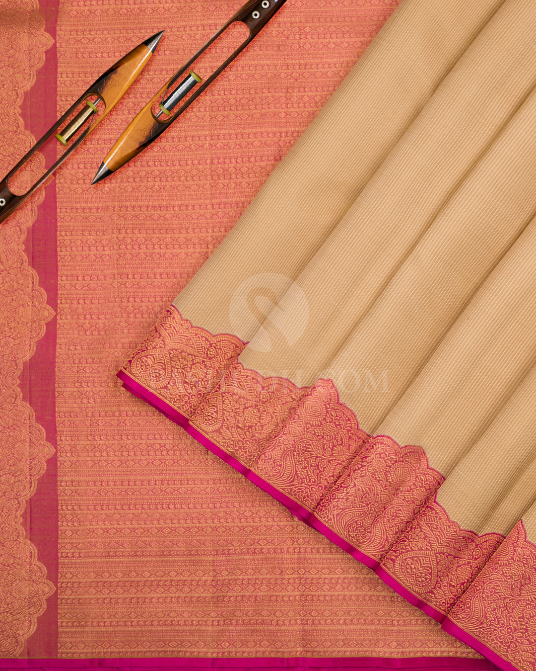 Peachy Pink and Cream Kanjivaram Saree - S582 - View 3