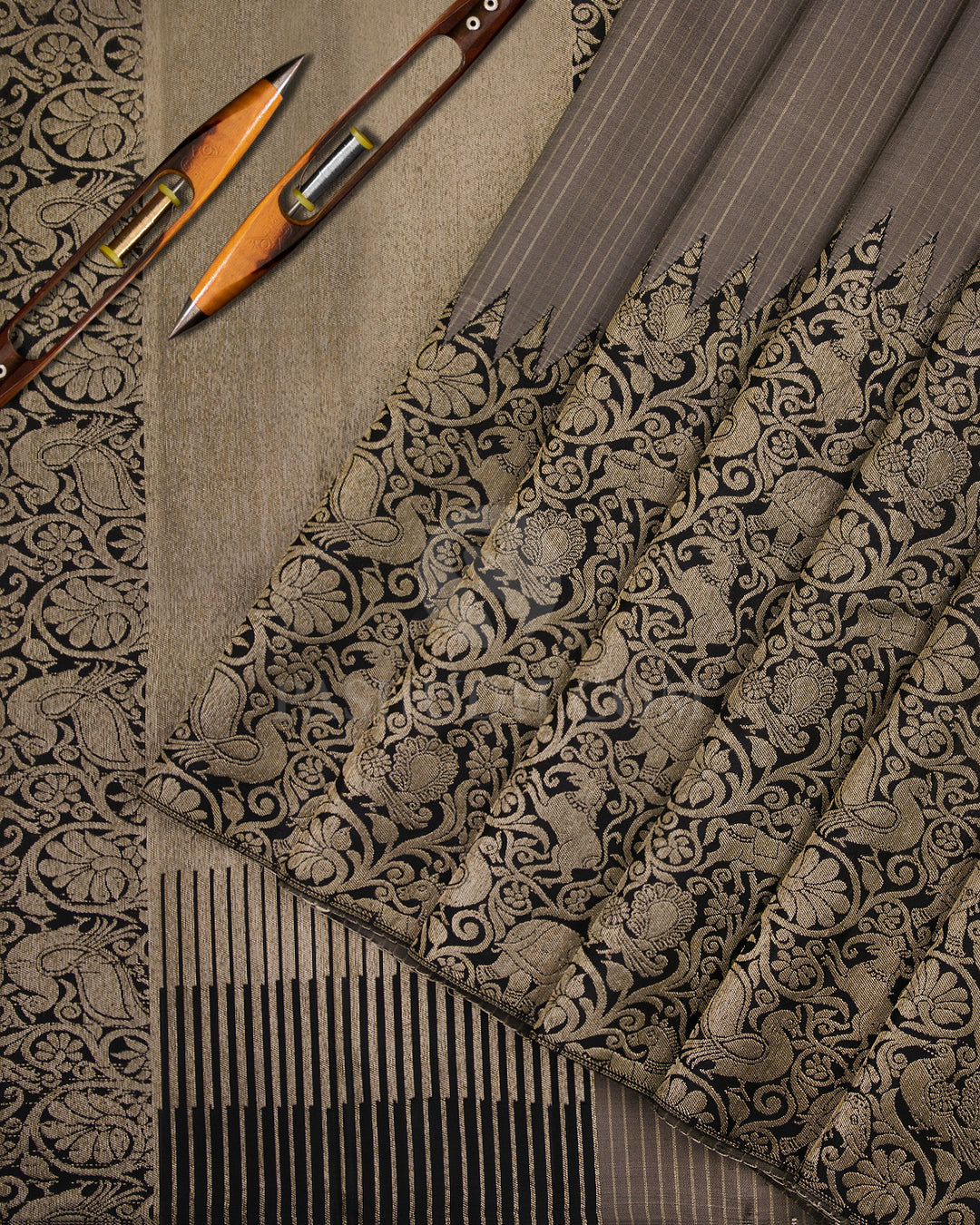 Grey and Black Vanasingaram  Pure Zari Kanjivaram Silk Saree - S666 -View 2