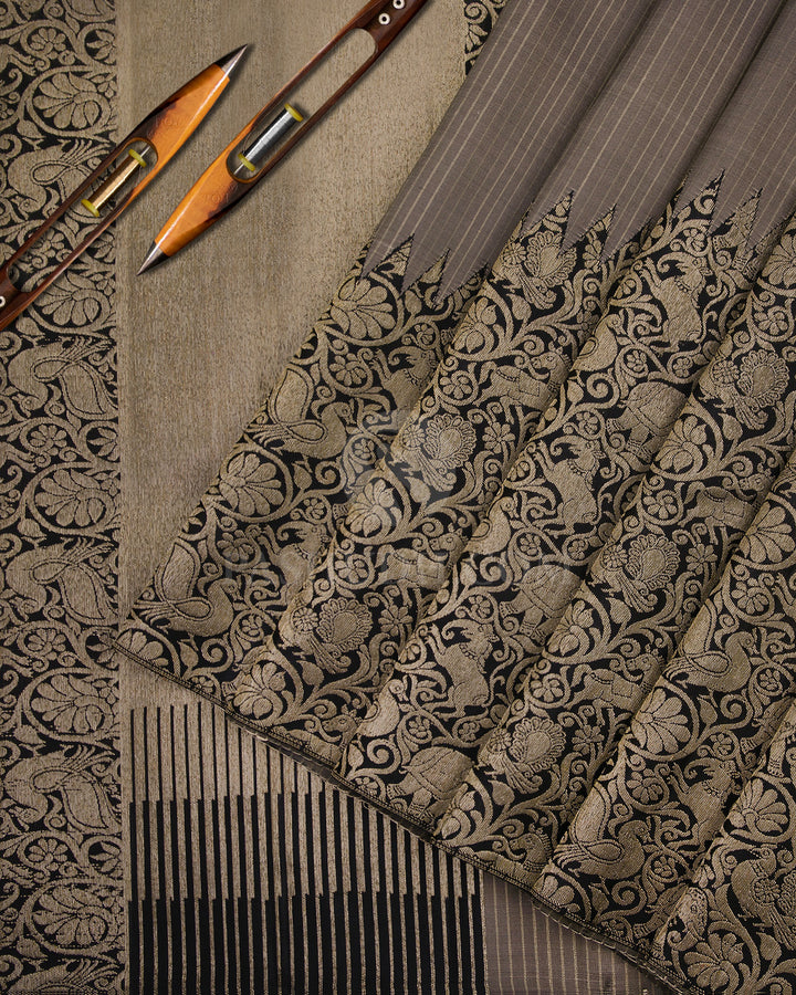 Grey and Black Vanasingaram  Pure Zari Kanjivaram Silk Saree - S666 -View 2