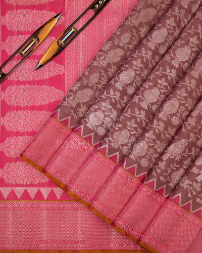 Chocolate Brown and Flamingo Pink Pure Zari Kanjivaram Silk Saree - S641 - View 2