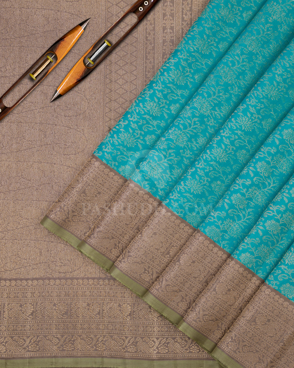 Turquoise and Grey Kanjivaram Silk Saree - S640- View 2