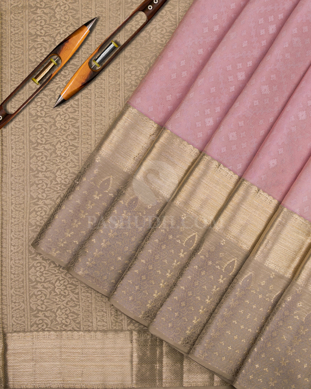 Mild Pink and Grey Kanjivaram Silk Saree - D413 - View 2