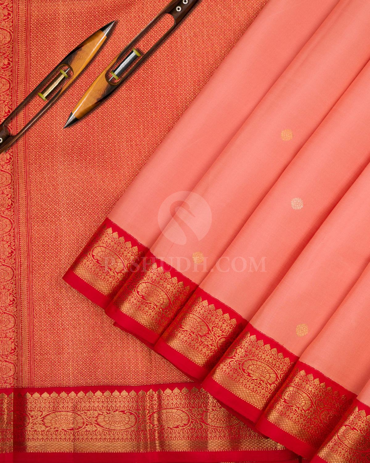 Peach and Red Pure Zari Kanjivaram Silk Saree - S693 - View 2