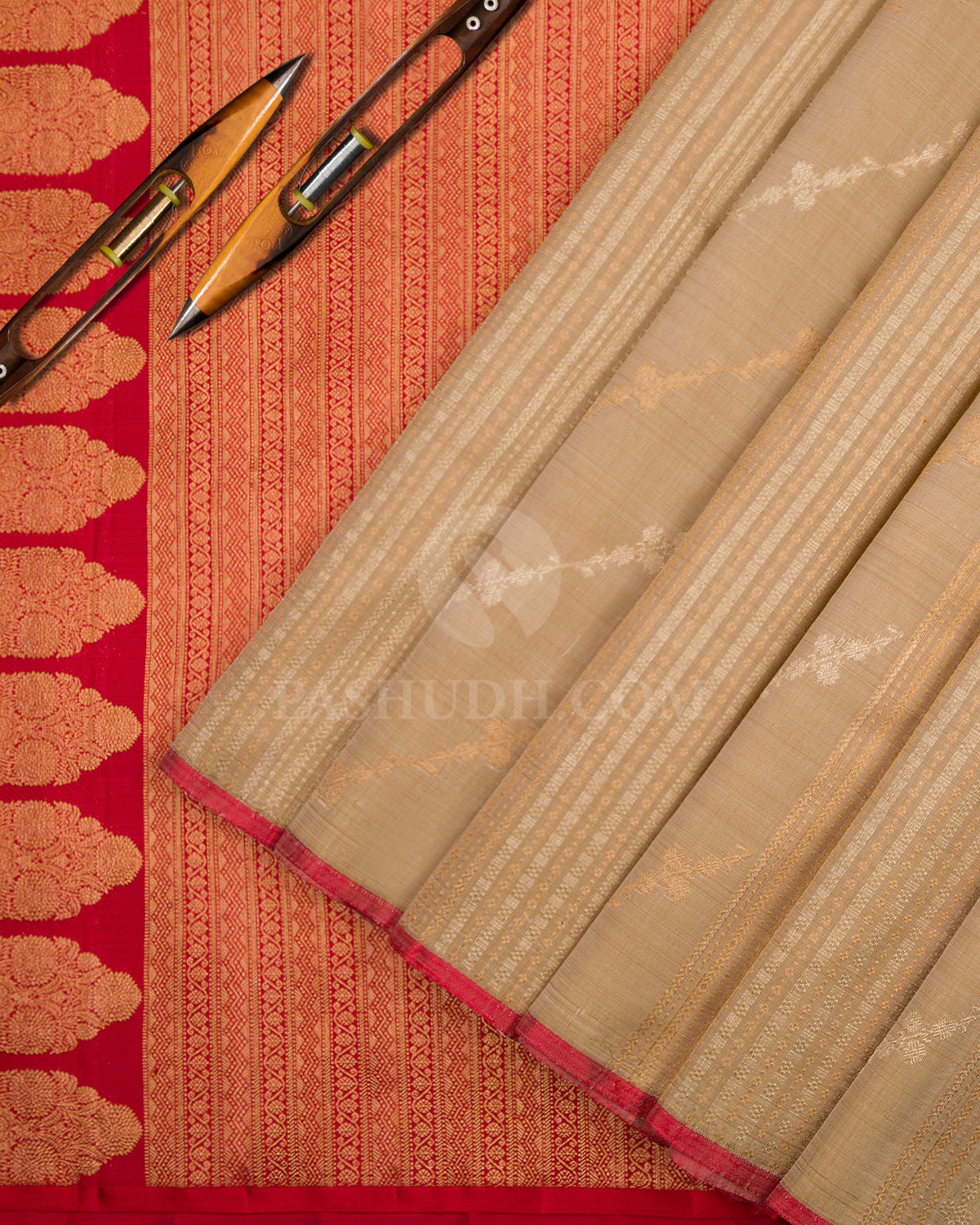 Beige and Red Kanjivaram Silk Saree - S694 - View 2