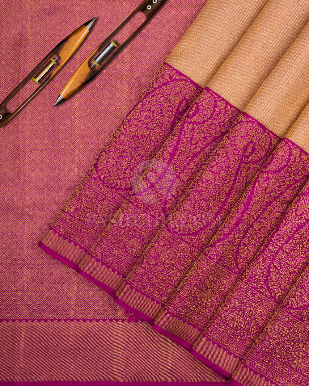 Golden and Violet Pure Zari Organza - Kanjivaram Silk Saree - S690 - View 2