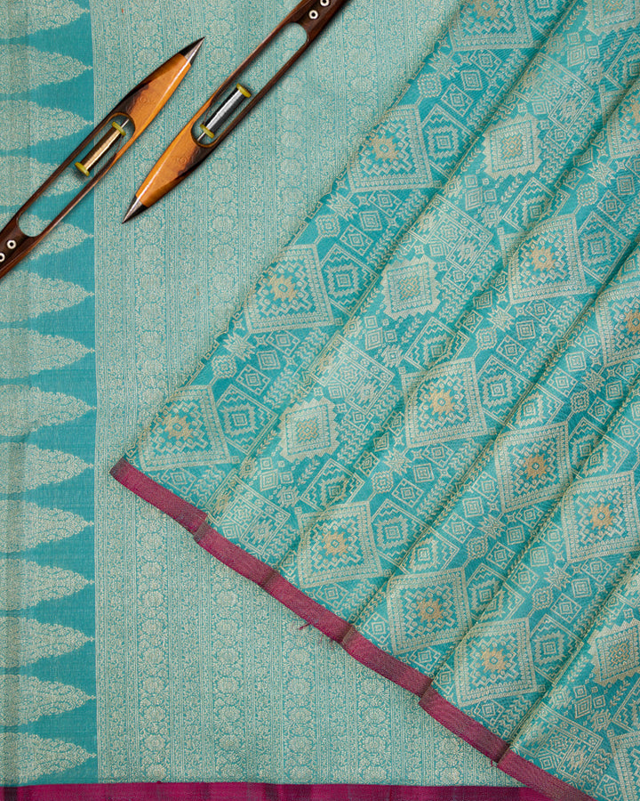 Sky Blue and Maroon Pure Zari Kanjivaram Silk Saree  View 3