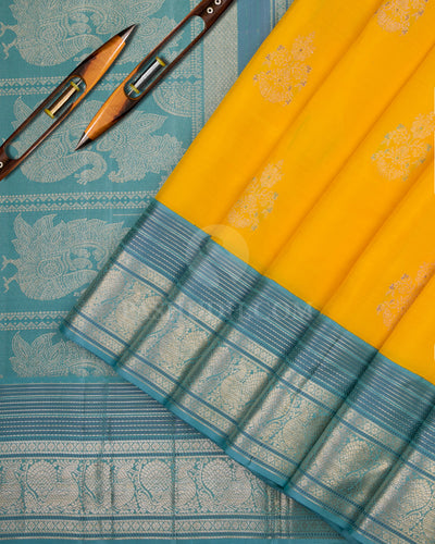 Yellow and Tiffany Blue Pure Zari Kanjivaram Silk Saree - S681 - View 2