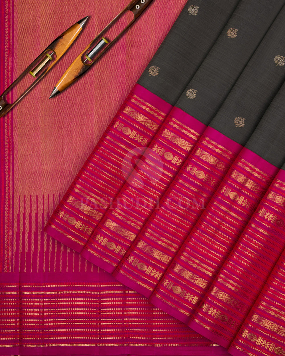 Dark Grey and Rani Pink Pure Zari Kanjivaram Silk Saree - S679 - View 2