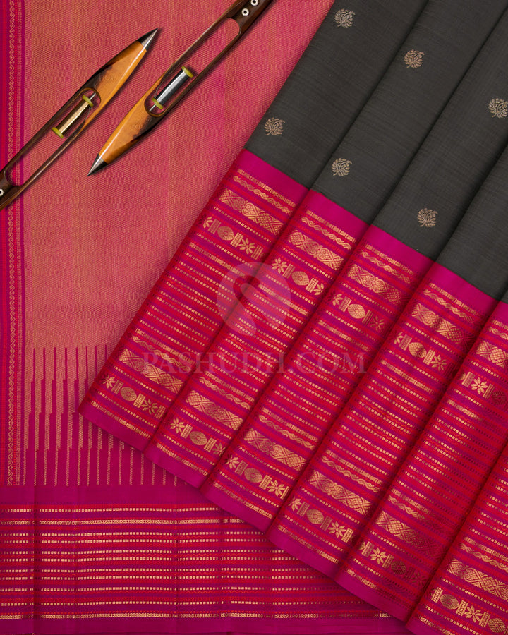 Dark Grey and Rani Pink Pure Zari Kanjivaram Silk Saree - S679 - View 2